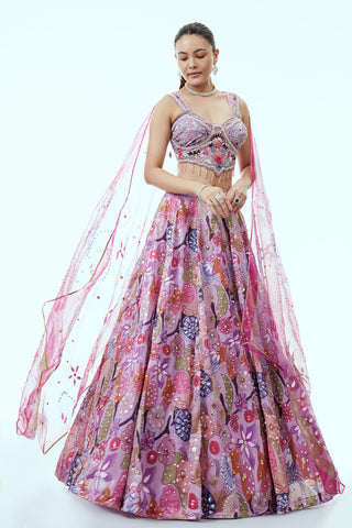 Lavender Sequins Lehenga with Floral Print and 3D Work