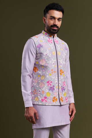 Lavender Nokia Silk Dori Work Men's Kurta with Jacket
