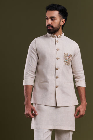 Light Beige Linen Zardozi Men's Kurta with Jacket