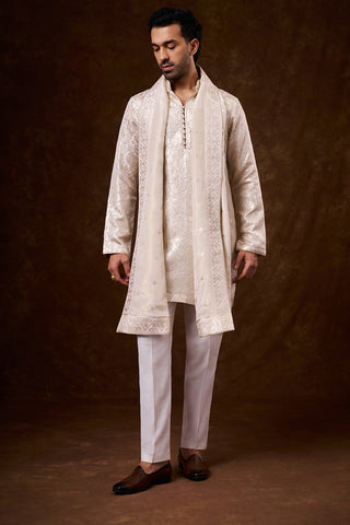 Light Beige Shimmer Silk Men's Kurta Set with Threadwork