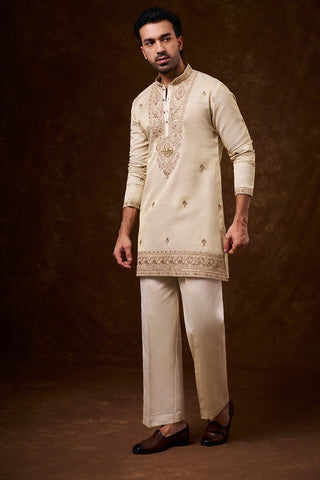 Light Beige Tissue Silk Men's Kurta Set with Resham Work