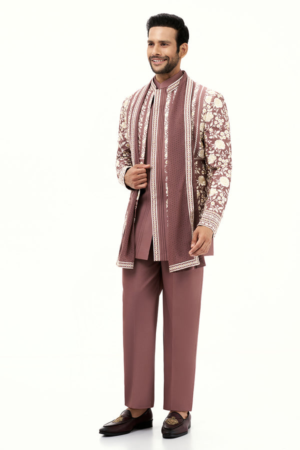 Light Brown Art Silk Mens Jodhpuri Set with Resham Work and Dupatta