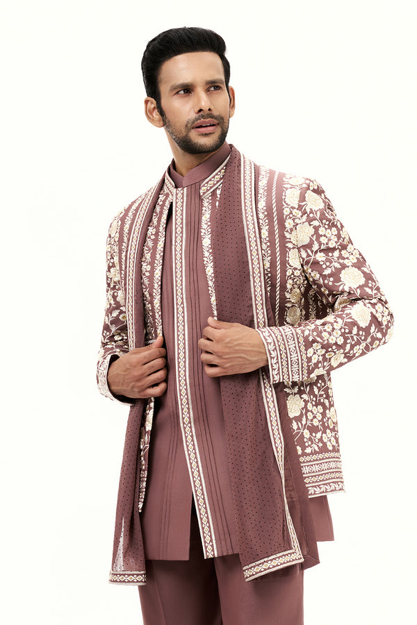 Light Brown Art Silk Mens Jodhpuri Set with Resham Work and Dupatta