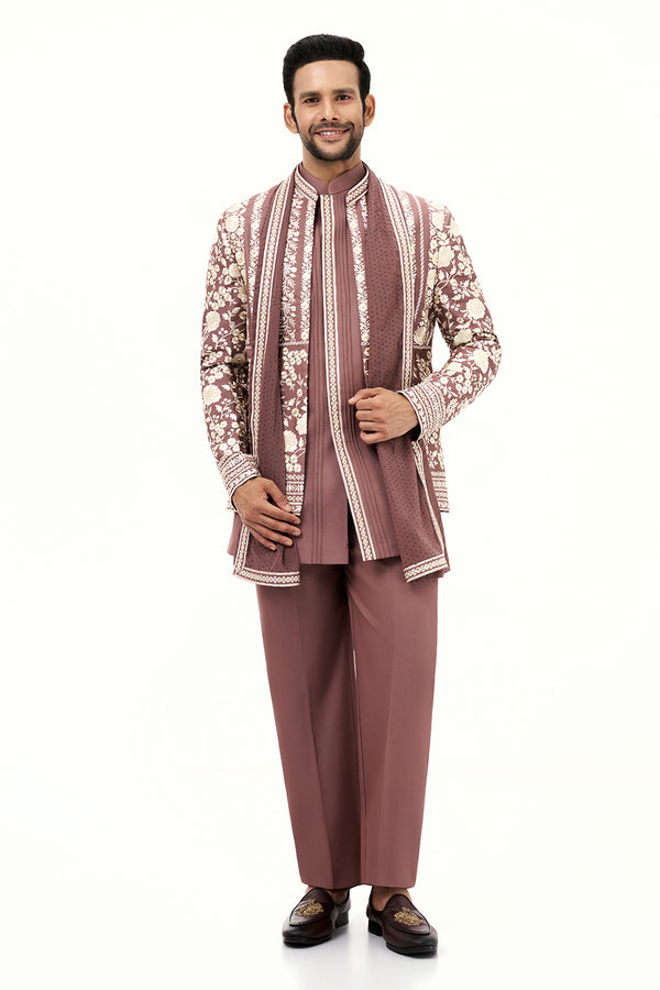 Light Brown Art Silk Mens Jodhpuri Set with Resham Work and Dupatta