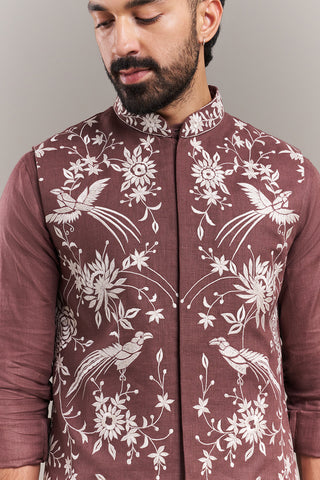 Light Brown Cotton Jute Bird Motif Men's Kurta with Jacket