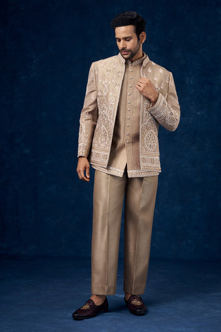 Light Brown Raw Silk Mens Jodhpuri Set with Pearl and Resham Work
