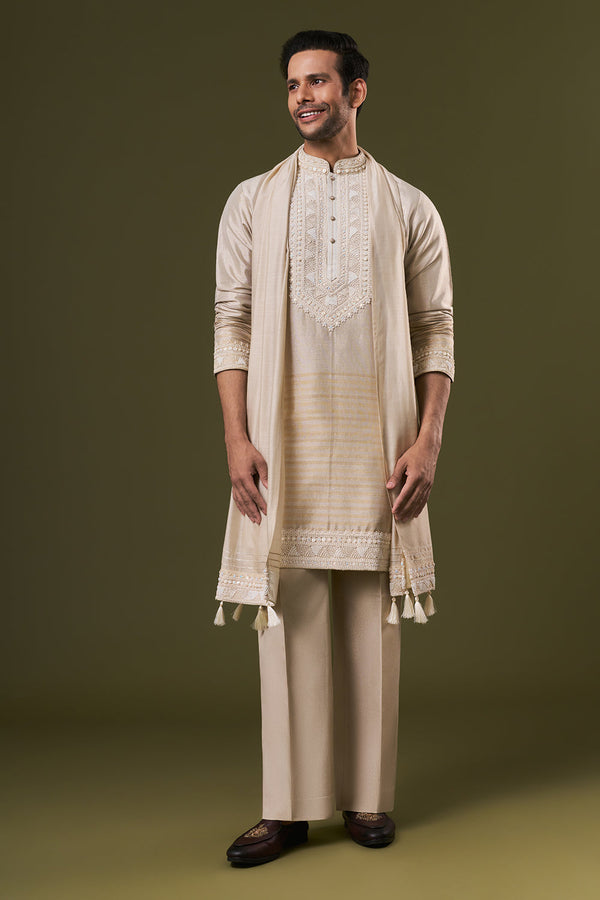 Light Copper Shimmer Mens Kurta Set with Pearl Embroidery