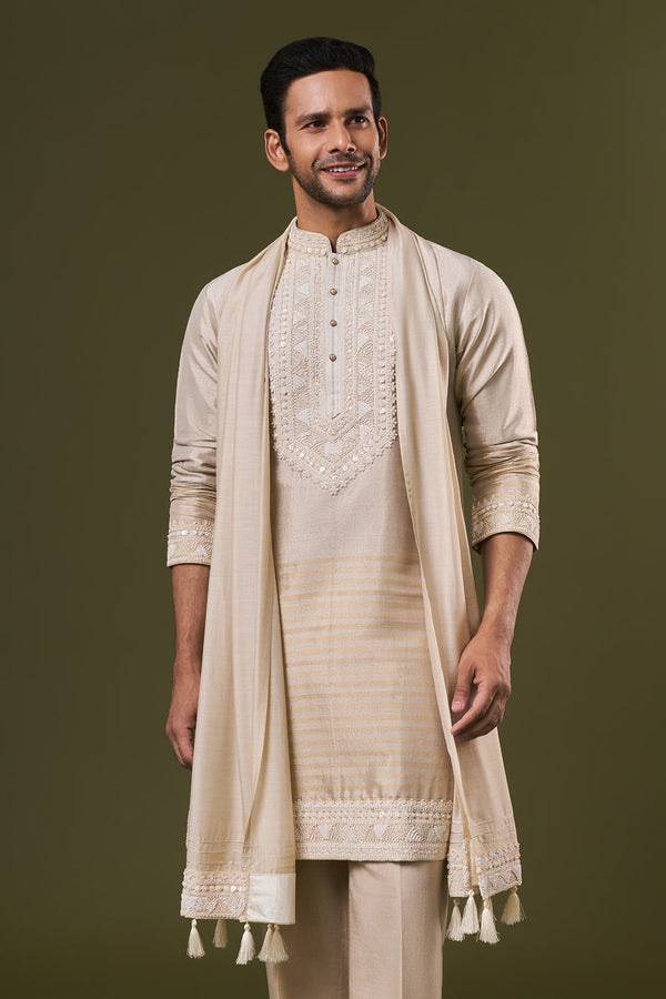Light Copper Shimmer Mens Kurta Set with Pearl Embroidery