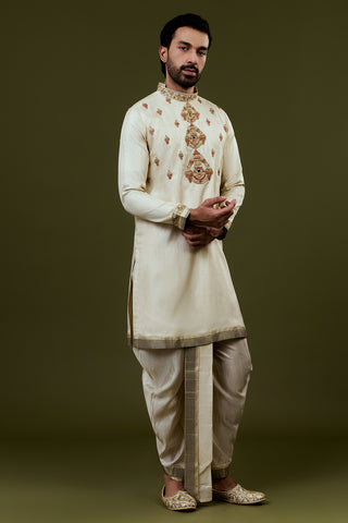 Light Cream Kurta Dhoti Set with Temple Motif Embroidery