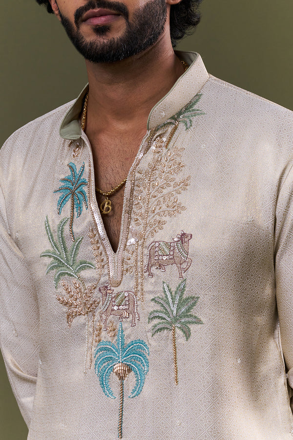 Light Gold Brocade Georgette Tropical Embellished Kurta Set