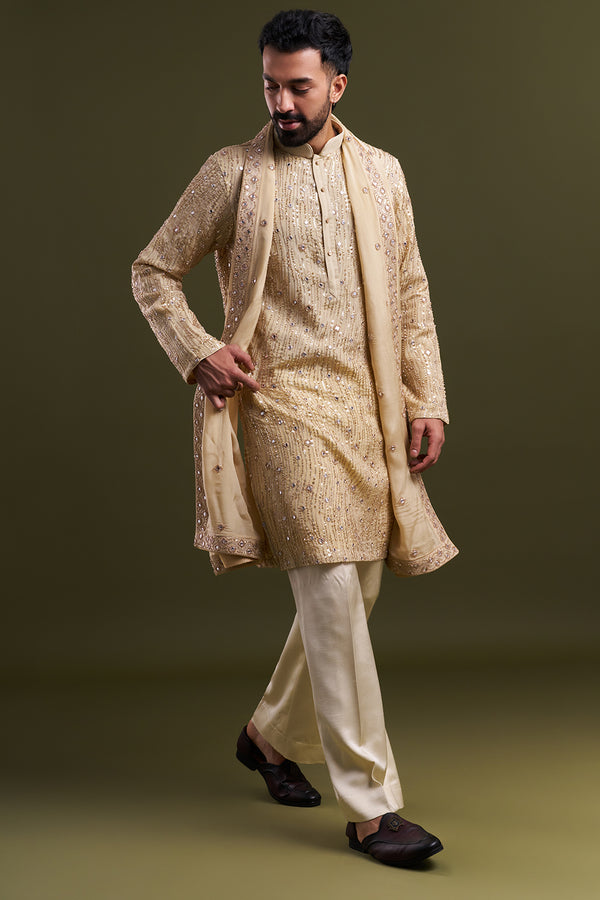 Light Gold Georgette Embellished Men’s Kurta Set