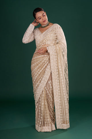 Light Gold Net Saree with Sequin Embroidery and Stitched Blouse