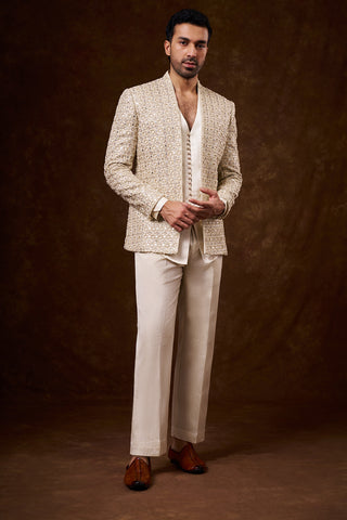 Light Gold Shimmer Satin Men's Indo-Western Set with Mirror Work