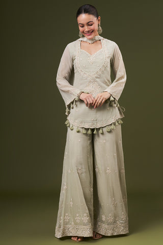 Light Green Mul Cotton Palazzo Suit with Thread and Pearl Work