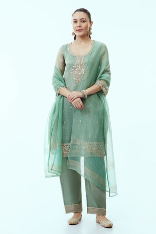 Light Green Tissue Kurta Set with Aari Embroidery