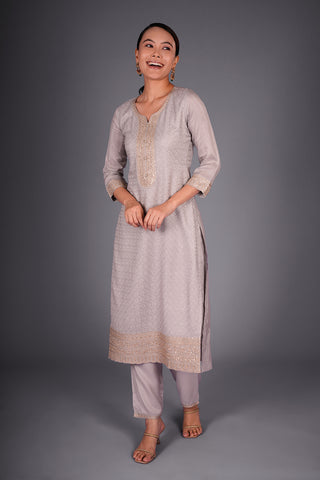 Light Grey Resham-Woven Kurta Set with Resham Embroidery