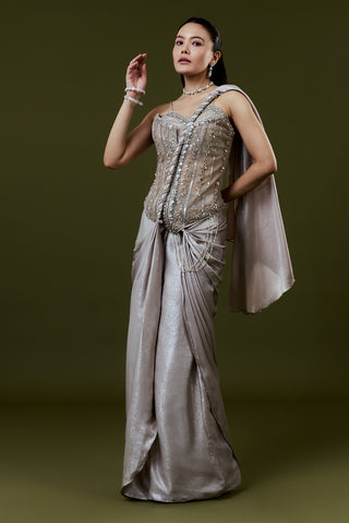 Light Grey Shimmer Satin Indo Western Set with Mirror and Sequin Work