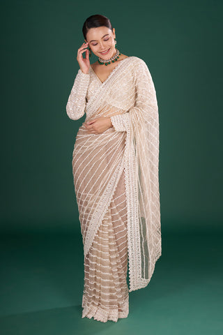Champagne Net Embroidered Saree with Stripe Pattern and Stitched Blouse