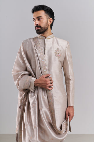 Light Nude Art Silk Embroidered Sherwani