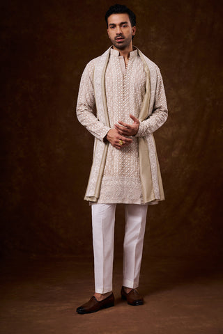 Light Nude Georgette Men's Kurta Set with Zari Work