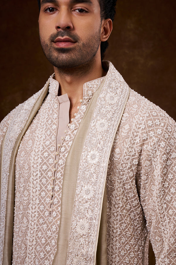 Light Nude Georgette Men's Kurta Set with Zari Work