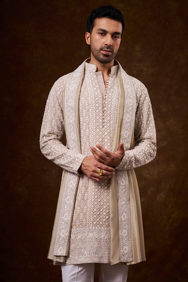 Light Nude Georgette Men's Kurta Set with Zari Work