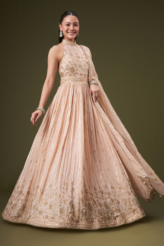 Light Peach Crepe Anarkali Gown with Cutdana and Sequin Work