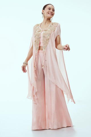 Light Peach Crepe Indo Western Kaftan Palazzo Set with Zardosi Work