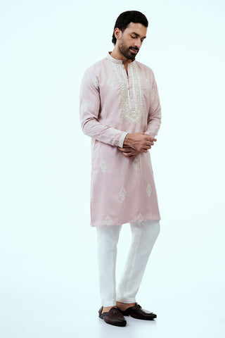 Light Pink Silk Mens Kurta Set with Resham and Mirror Work