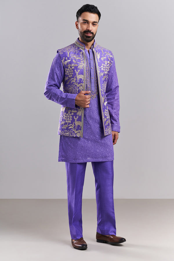 Light Purple Art Silk Embroidered Men’s Kurta with Jacket