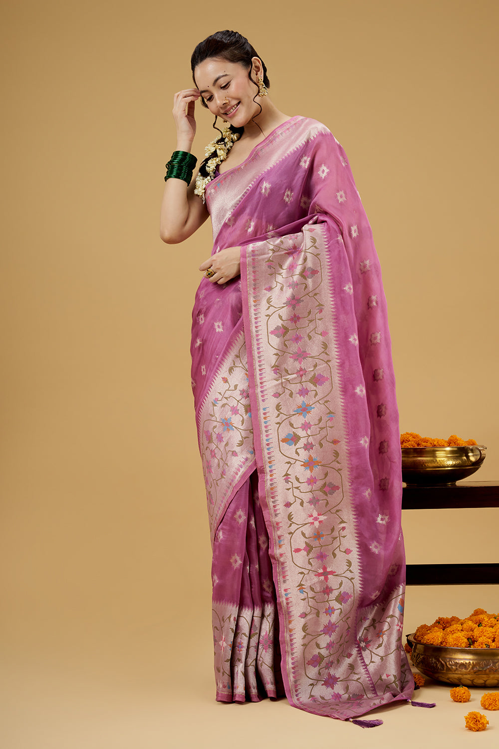 Light Wine Colored Tissue Saree with Thread Work