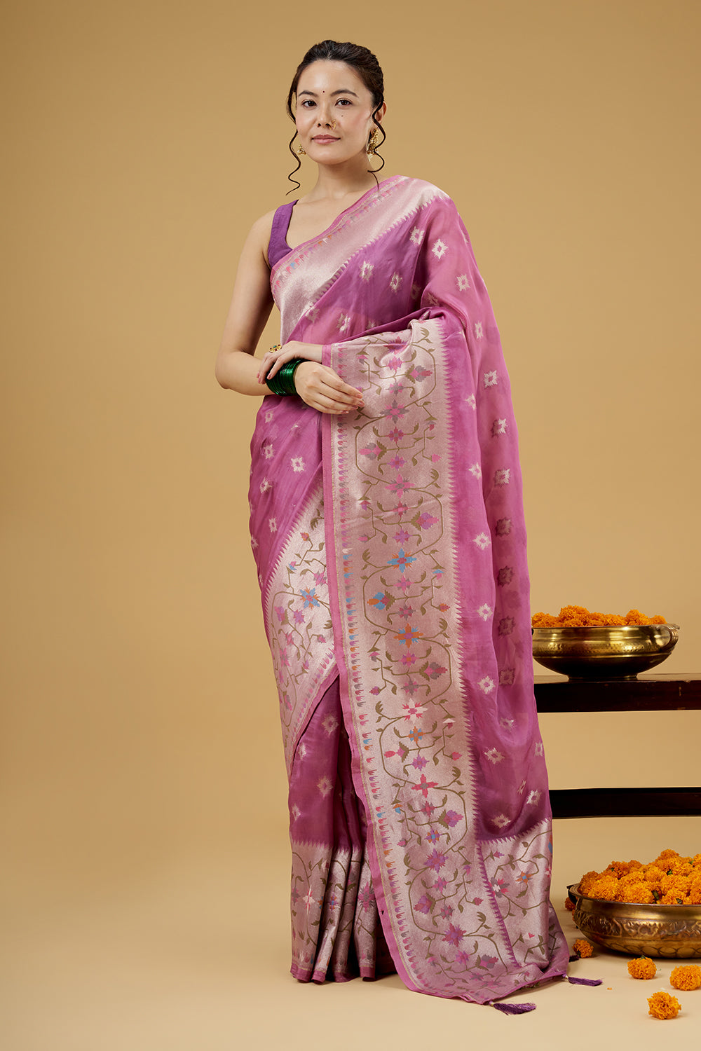 Light Wine Colored Tissue Saree with Thread Work