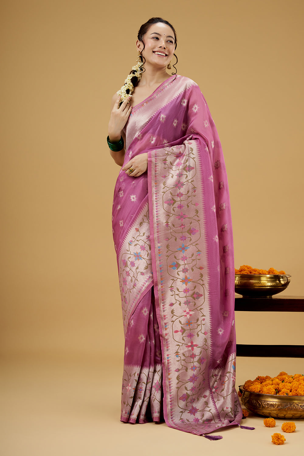 Light Wine Colored Tissue Saree with Thread Work