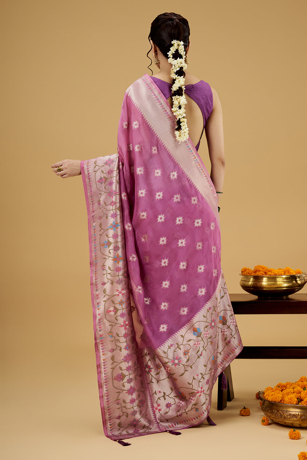Light Wine Colored Tissue Saree with Thread Work
