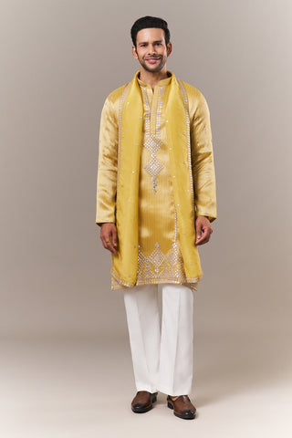 Light Yellow Brocade Mens Kurta Set with Mirror Work