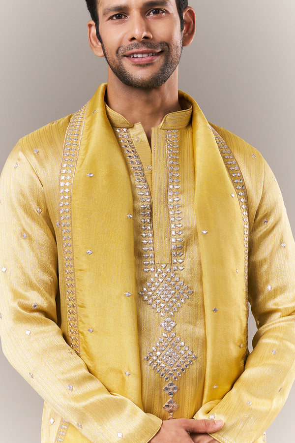 Light Yellow Brocade Mens Kurta Set with Mirror Work