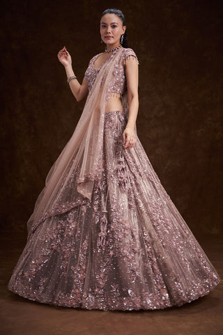 Lilac Net Bridal Lehenga with 3D Floral Work