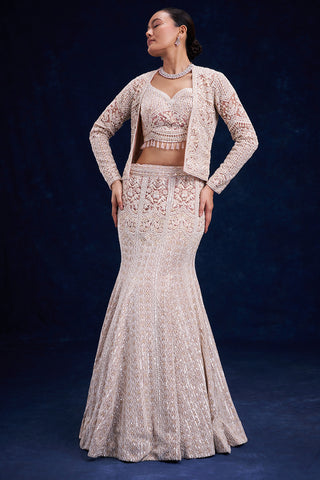 Lilac Net Bridal Lehenga with Pearl and Cutdana Work