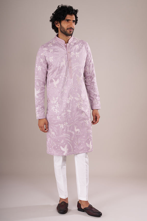 Lilac Silk Blend Men's Kurta Set with Sequin Work