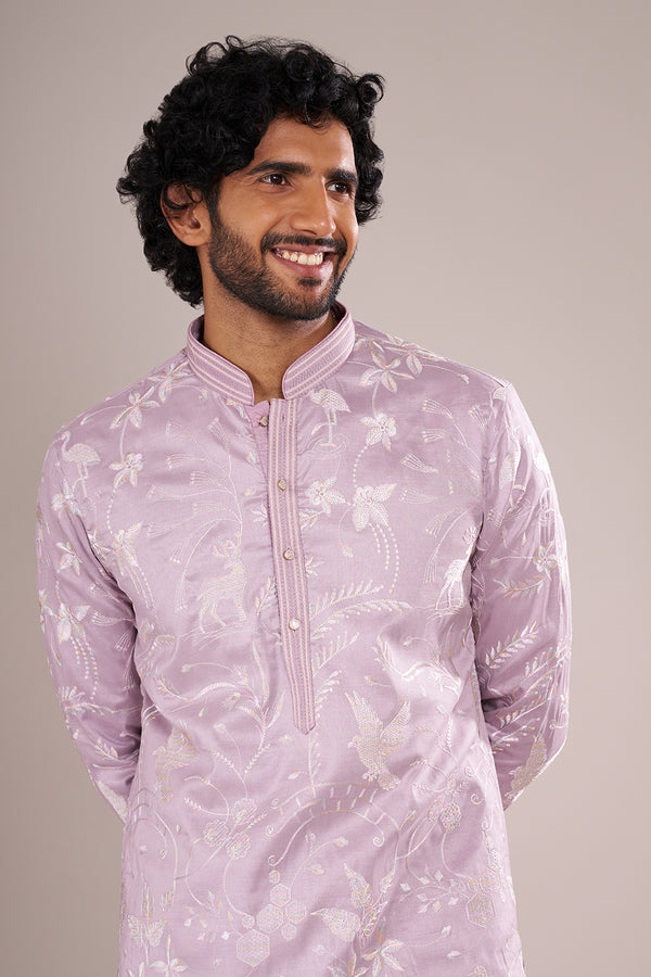 Lilac Silk Blend Men's Kurta Set with Sequin Work