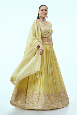 Pastel Yellow Tissue Lehenga with Zari and 3D Tiki Work