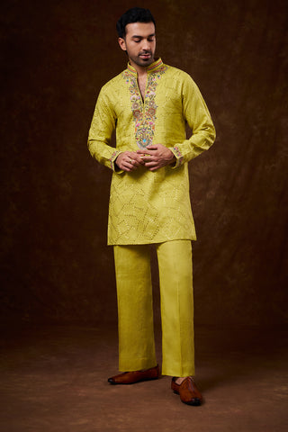 Lime Green Linen Men's Kurta Set with Brush-Painted Detailing