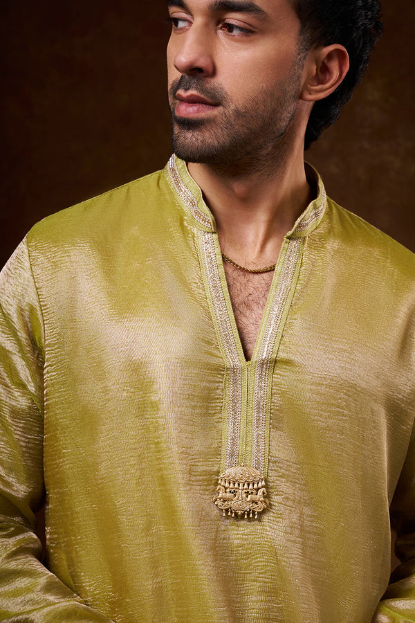 Lime Green Tissue Silk Men's Kurta Set with Lace Detailing