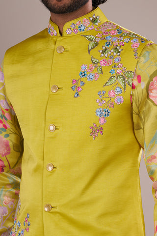 Yellow Men's Silk Blend Printed Kurta Set with Embroidered Nehru Jacket