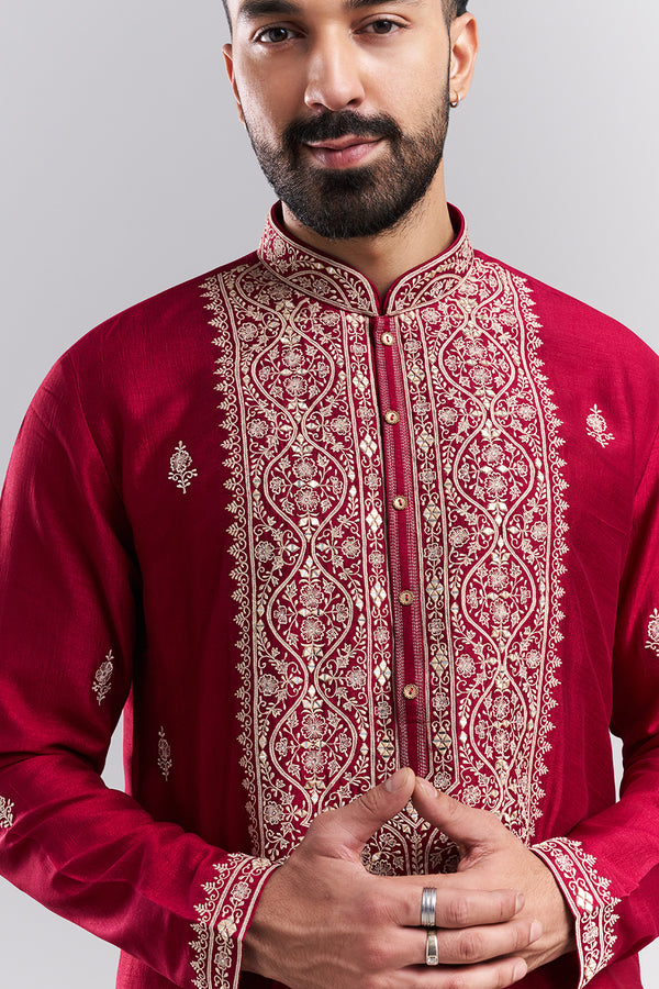 Magenta Art Silk Men's Kurta Set with Ornate Front Panel