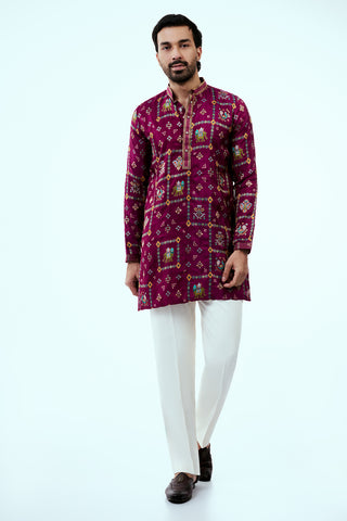 Magenta Art Silk Patola Design Mens Kurta Set