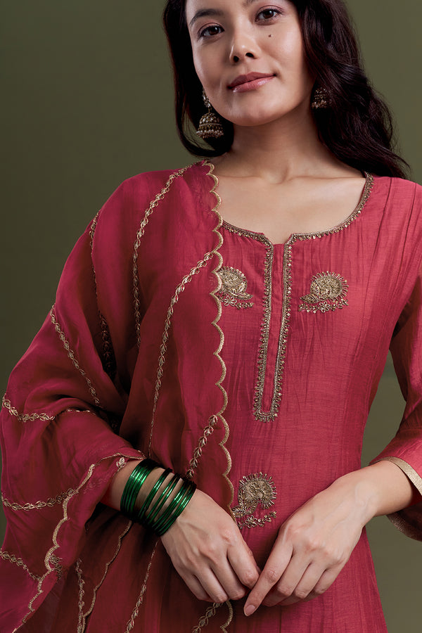 Magenta Red Chanderi Silk Kurta Set