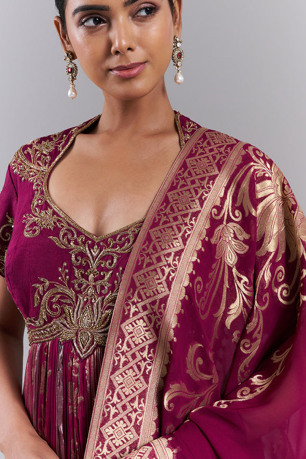 Magenta Silk Dupion Embroidered Anarkali Suit