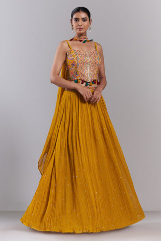 Mango Yellow Georgette Resham Embellished Lehenga Set