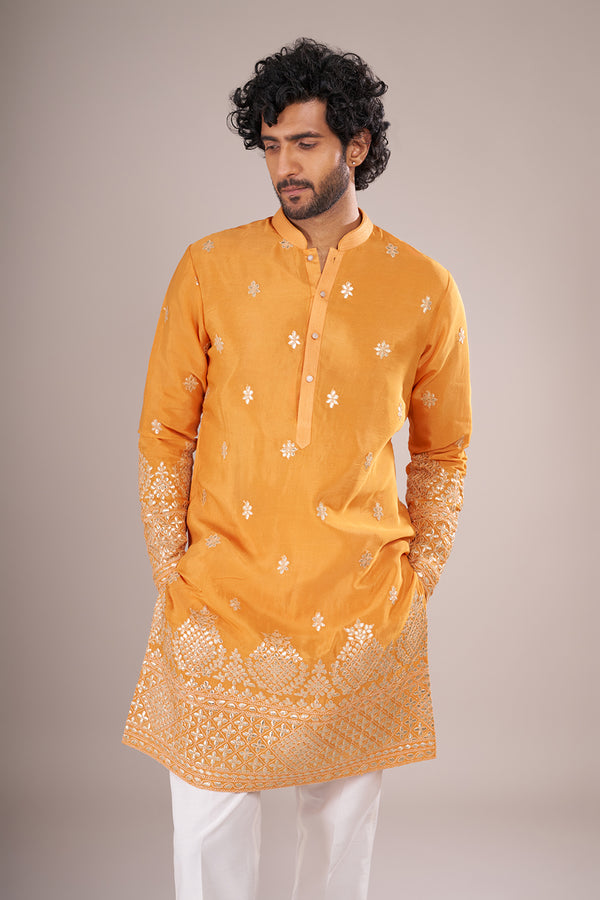 Marigold Yellow Cotton Silk Men's Kurta Set with Ivory Colored Embroidery